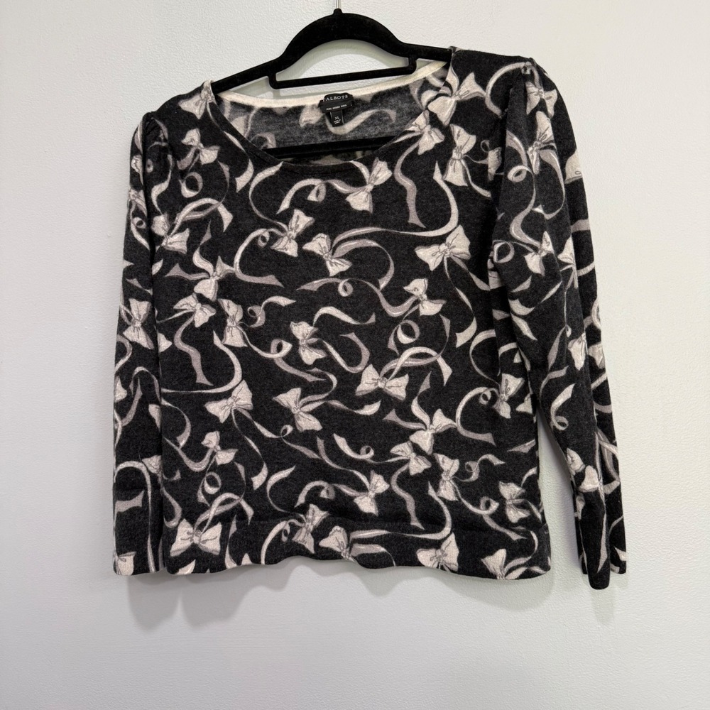 Talbots Pure Merino Wool Bow Print Sweater XL Charcoal Gray Cream Puff Sleeve